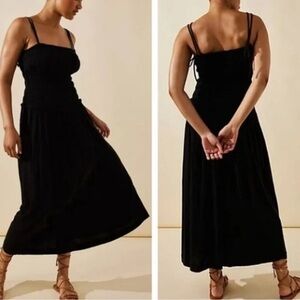 Free People Beach M black Sienna Smocked A-line sleeveless Midi dress w pockets
